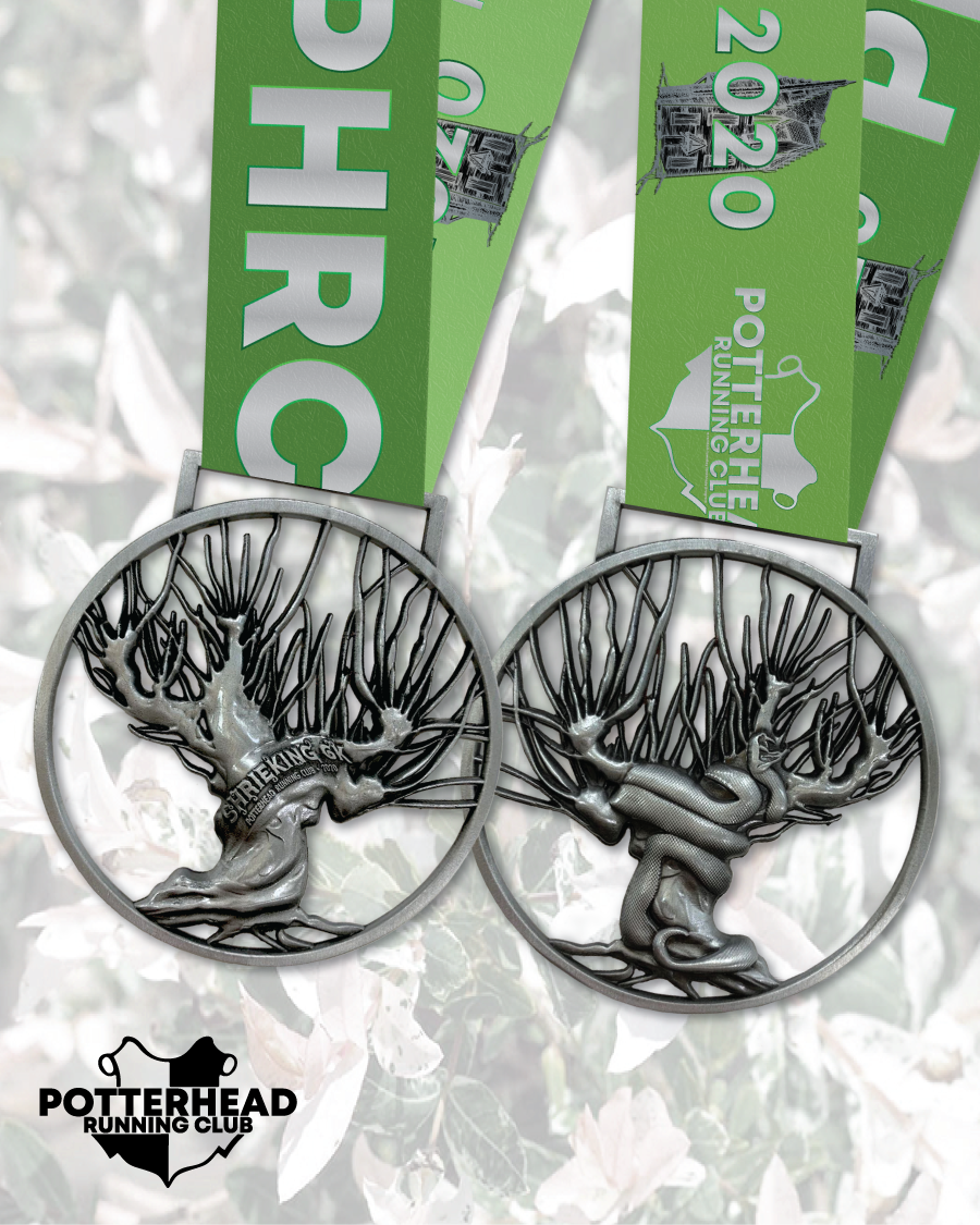 An image of the medal for the Potterhead Running Club Shrieking 6K.