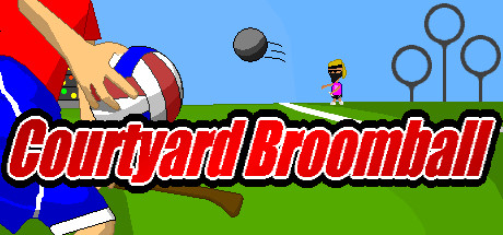 Header of the PC Game Courtyard Broomball. One man is holding a Quaffle; there are three hoops in the background.