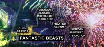 Concept art for Universal Orlando Resort's new theme park, Epic Universe, showing speculation for a "Fantastic Beasts"-themed land.