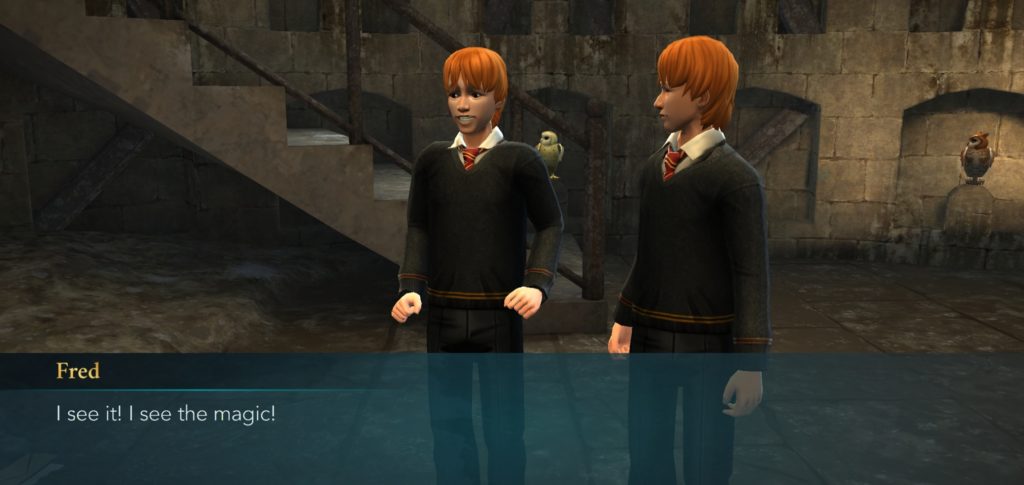 Fred Weasley says he can see the magic at Hogwarts in "Hogwarts Mystery".