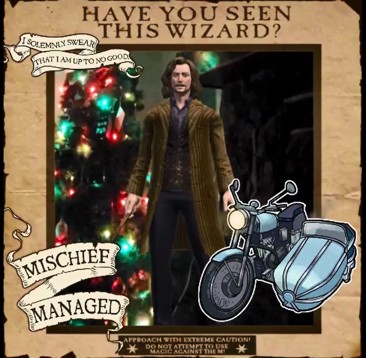 A reimagined wanted poster of Sirius Black is dressed up with "Wizards Unite" frames and stickers.