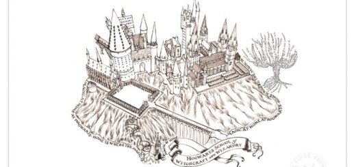 There is a drawing of the full Hogwarts castle in brown ink on a white background, complete with a Whomping Willow.