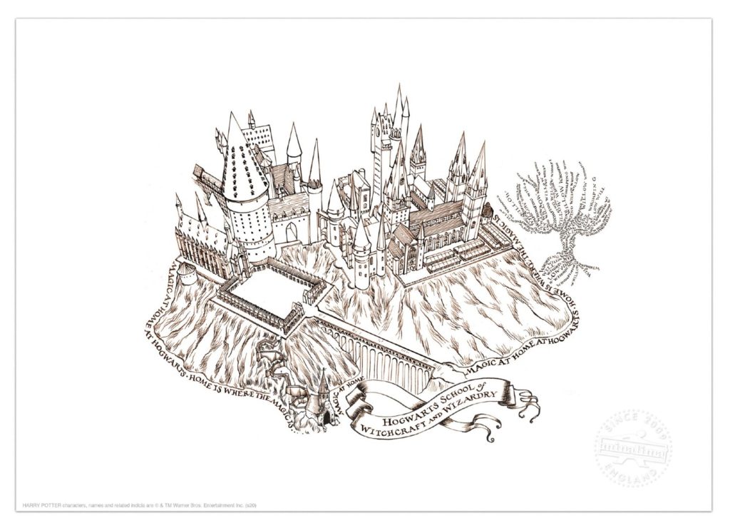 There is a drawing of the full Hogwarts castle in brown ink on a white background, complete with a Whomping Willow.