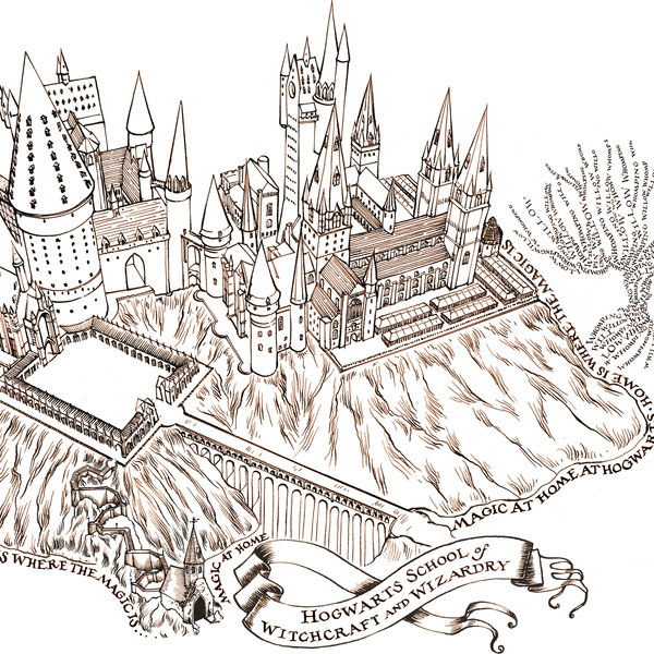 There is a view of Hogwarts castle in brown ink on a white background reminiscent of the Marauder's Map.
