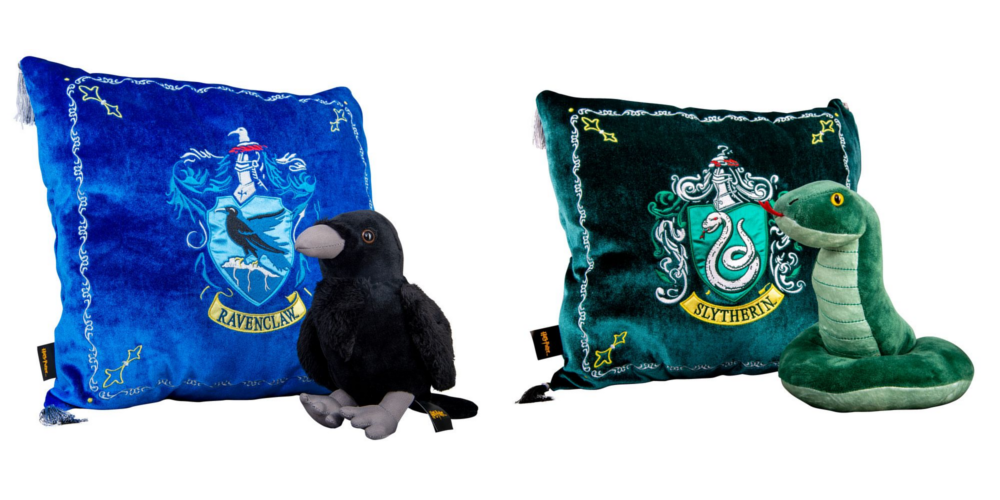 The Relaxing Ravenclaw House Mascot Plush & Cushion Set and the Snuggly Slytherin House Mascot Plush & Cushion Set from Merchoid are pictured.