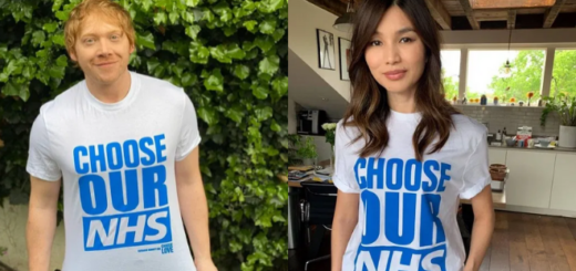 Rupert Grint and Gemma Chan wearing their "Choose our NHS" shirts.