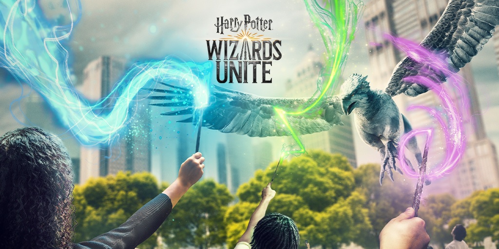 Characters in "Harry Potter: Wizards Unite" lift their wands skyward.