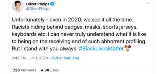 A screenshot of a Tweet from Oliver Phelps showing his support for Black Lives Matter.