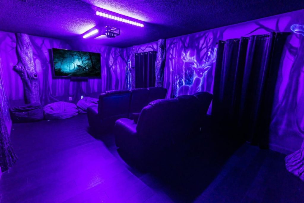 The movie room at Wizards Way has a huge flatscreen TV and bean bags as well as big couches and dark curtains.