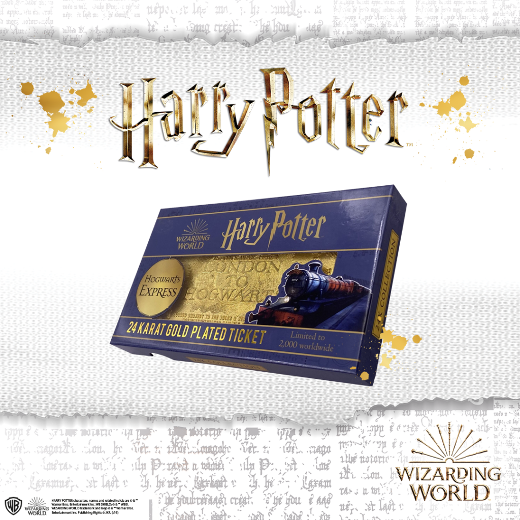 A purple box is shown with a 24k golden Hogwarts Express ticket inside, under Harry Potter in large lightning font.