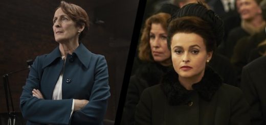 Fiona Shaw in action as Carolyn in Killing Eve, next to her in a split image is Helena Bonham Carter as Princess Margaret in The Crown.