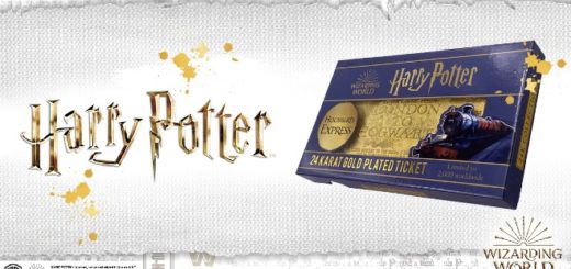 A purple box with a pure gold replica of the Howgwarts Express ticket is pictured next to Harry Potter written in golden lighting font.