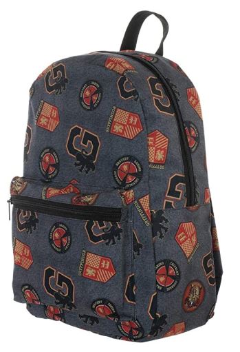 backpack covered in Gryffindor symbols on grey material