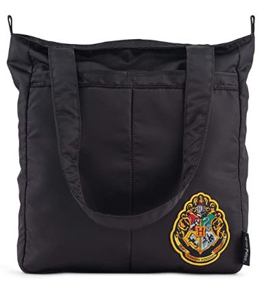 black tote bag with Hogwarts crest in corner