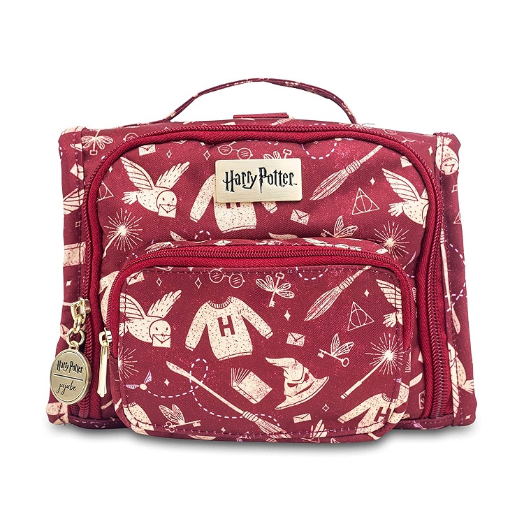 red messenger bag covered in Potter-themed objects print