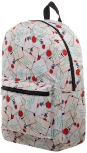 backpack covered in Harry's Hogwarts acceptance letter print