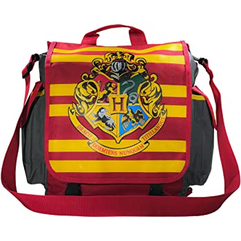 red and yellow striped bag with large Hogwarts crest