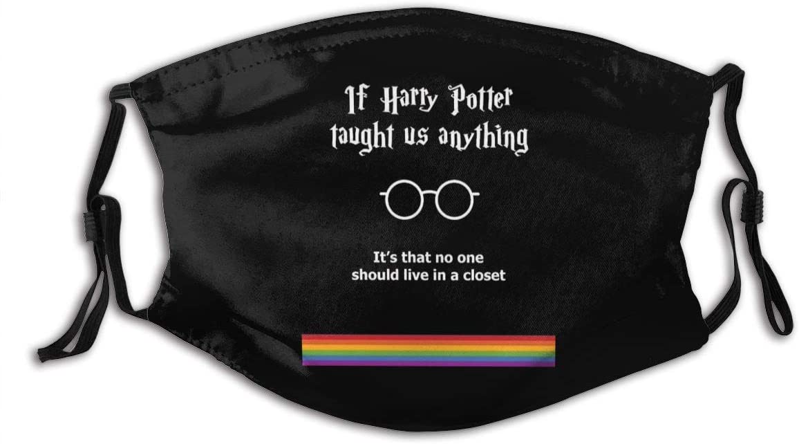 Harry Potter face mask reads "If Harry Potter taught us anything it's that no one should live in a closet" with Harry Potter glasses and rainbow