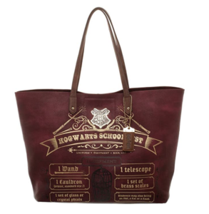 A tote bag with the Hogwarts school supply list on it.