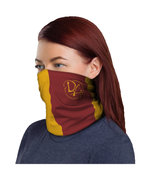 The Gryffindor Neck Warmer, included in the Room of Requirement Wizarding World Crate from Loot Crate, features the Gryffindor colors and the House mascot on one side. On the opposite side, the Dumbledore's Army logo is pictured.