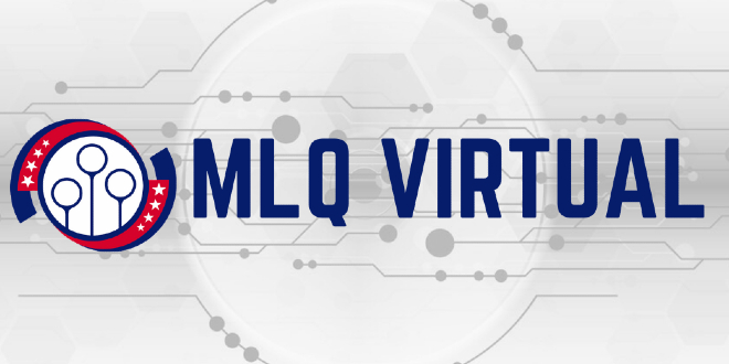 Logo Major League Quidditch and the sign "MLQ Virtual". Background is white with grey circle..