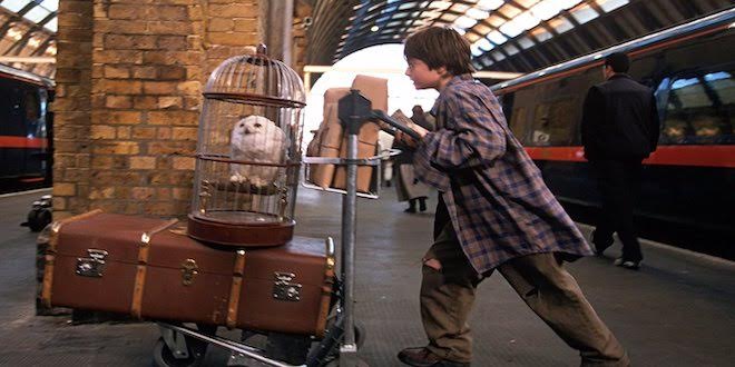 Harry and his trunk at Platform nine and three quarters