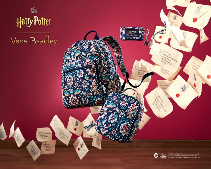 Vera Bradley backpack and bag designs appear to be floating in the air with Hogwarts acceptance letters against a red background.