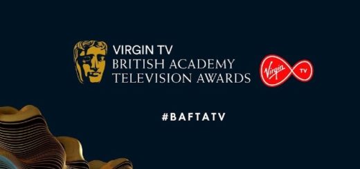 Against a blue backround, the golden mask and the inscription "Virgin TV British Academy Television Awards" is shown, plus the Virgin Media logo, and #BAFTATV.