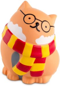 A Gryffindor-themed squishy stress ball cat