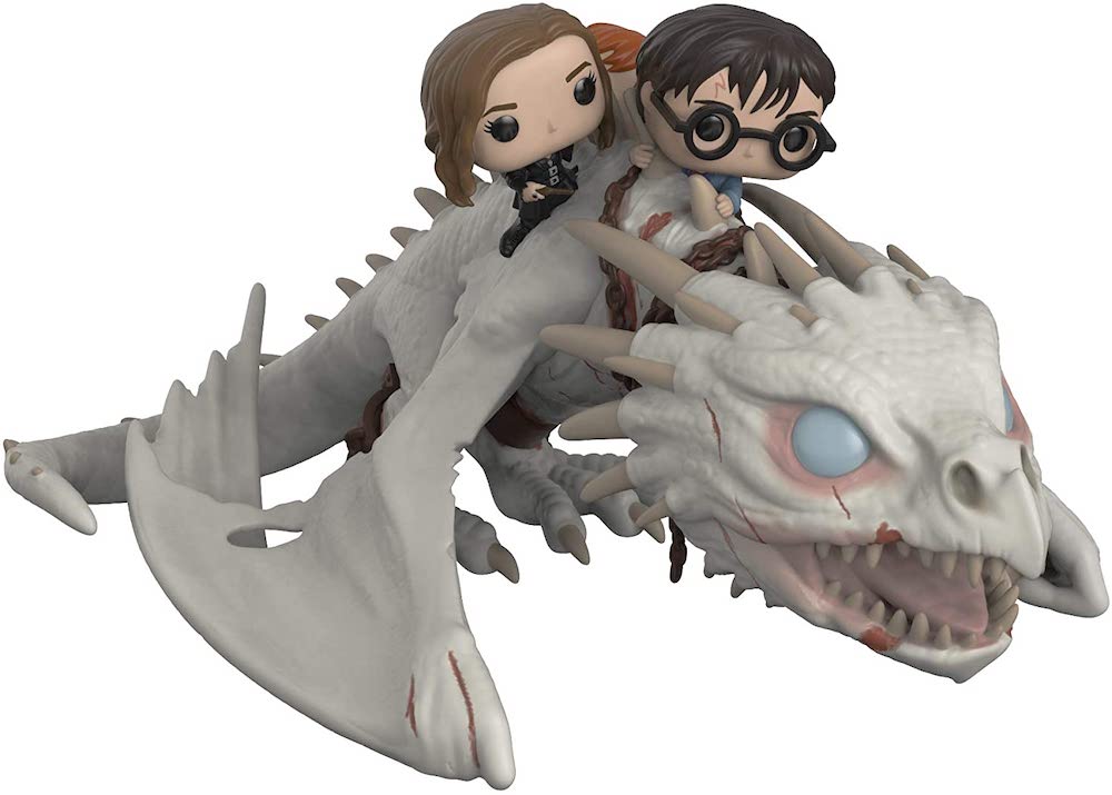 An image of a Funko Pop! of Harry, Hermione, and Ron Riding Gringotts dragon.