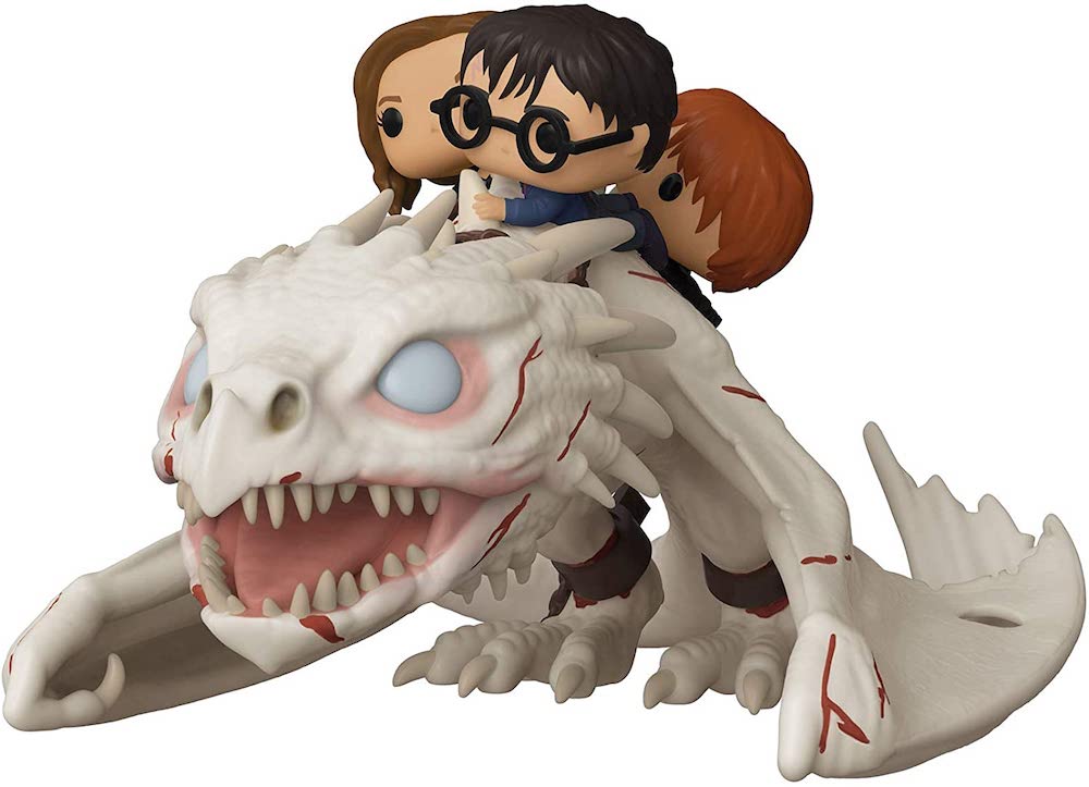 An image of a Funko Pop! of Harry, Hermione, and Ron Riding Gringotts dragon.