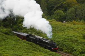 The Hogwarts Express winds through the Scottish countryside