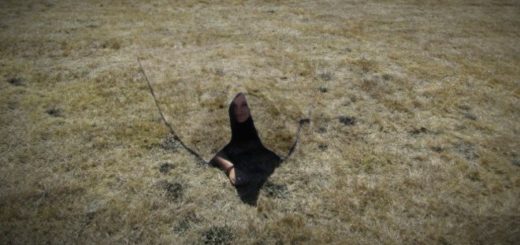 A woman's head is visible under a blanket that blends into the grass she's lying on.