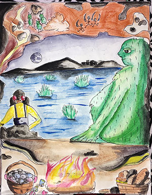 Pictured is an illustration for the United Kingdom edition of “The Ickabog” by Sai Prasad, 11, of India.