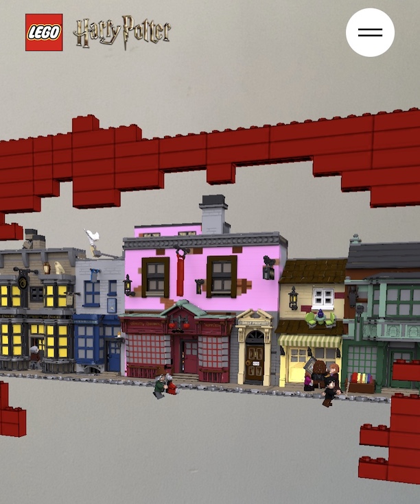 A screenshot of the LEGO Diagon Alley AR experience showing the upcoming LEGO set with moving minifigures.