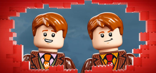 A product shot of Fred and George Weasley minifigures peering through a LEGO brickwall.