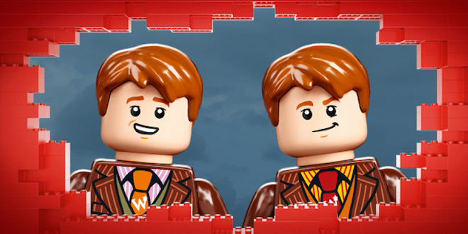 A product shot of Fred and George Weasley minifigures peering through a LEGO brickwall.