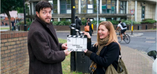 Tom Burke (Cormoran Strike) and Holliday Grainger (Robin Ellacott) filming for "Strike: Lethal White".