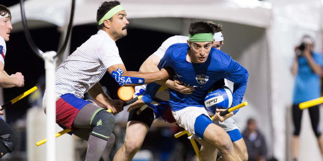 Muggle quidditch players, one in USA attire, are shown in play.