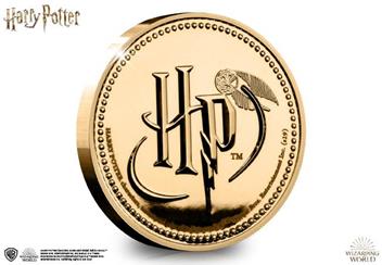 The Westminster Collection's Official Hogwarts Commemorative coin features the HP logo on one side, accented with a Golden Snitch.