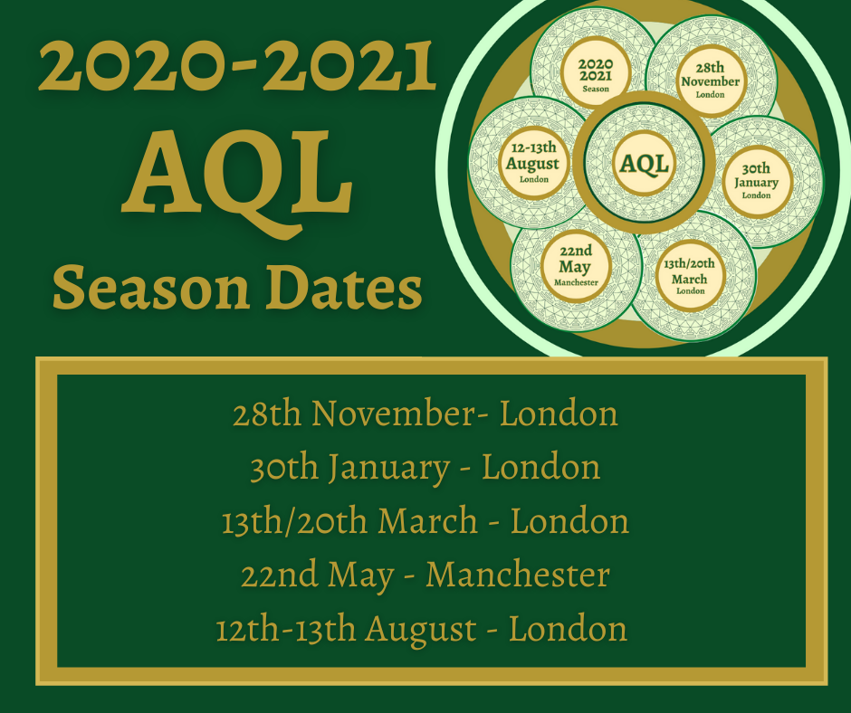 There is a sign "2020-2021 AQL Season Dates" on the top and logo of AQL. There are dates and places in the bottom.