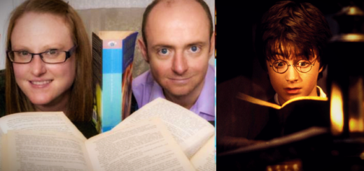 Scientists Dr Joanne Ingram and Dr Chris Hand are pictured with a copy of Harry Potter and the Order of Phoenix. Split screen shows young Harry reading and surprosed.