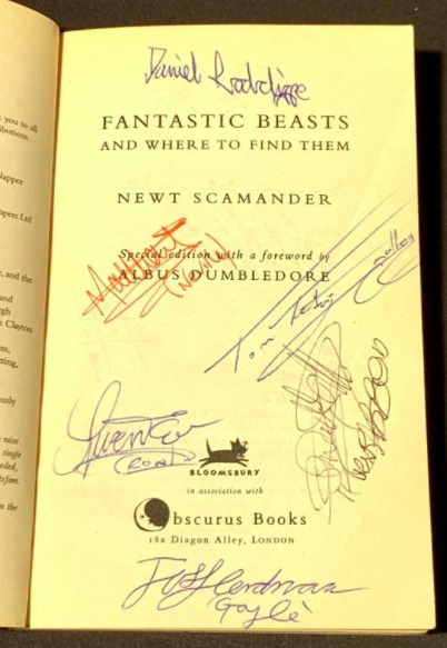 A signed edition of "Fantastic Beasts and Where to Find Them".