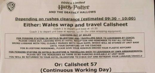 An image of a call sheet from the filming of "Harry Potter and the Deathly Hallows - Part 2".