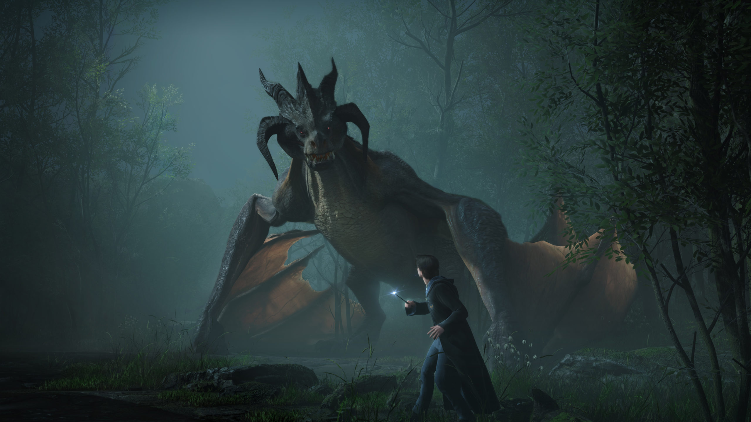 A screenshot from “Hogwarts Legacy” shows a character taking on a dragon.