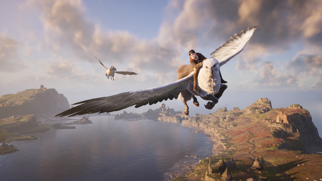 A screenshot from "Hogwarts Legacy" shows a character riding a Hippogriff.