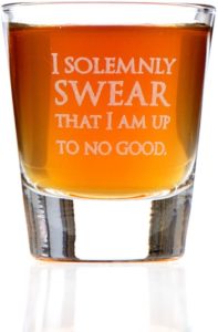 This shot glass says "I solemnly swear that I am up to no good"