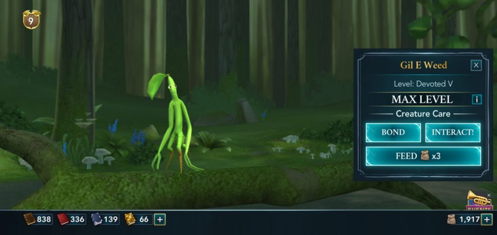 Pictured is a Bowtruckle named Gil E. Weed in "Hogwarts Mystery".