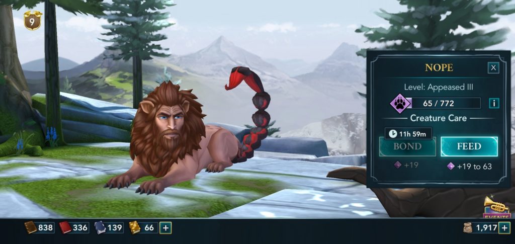 Pictured is a manticore named NOPE in "Hogwarts Mystery".