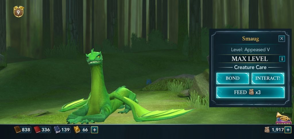 Pictured is a Common Welsh Green named Smaug in "Hogwarts Mystery".